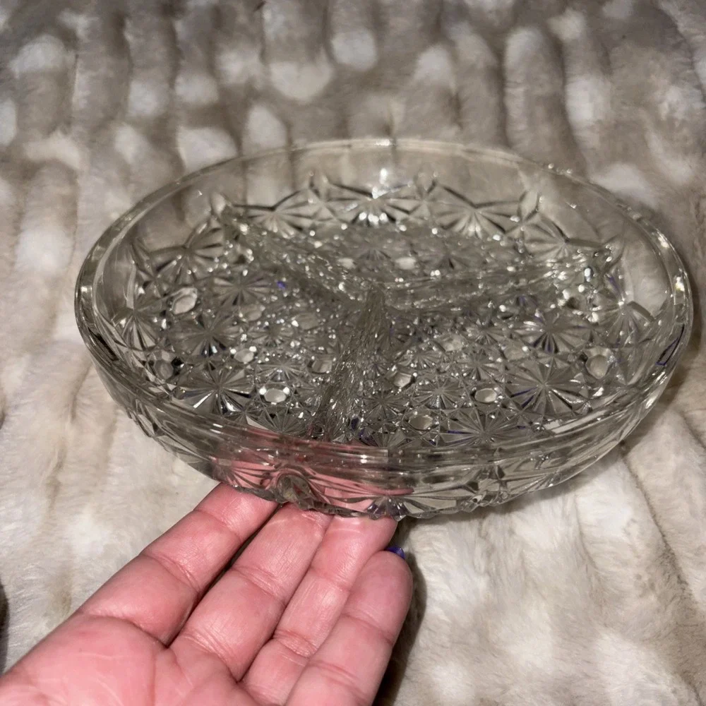Vintage Pressed Clear Platter Indiana Glass Button Daisy Divided Relish Dish